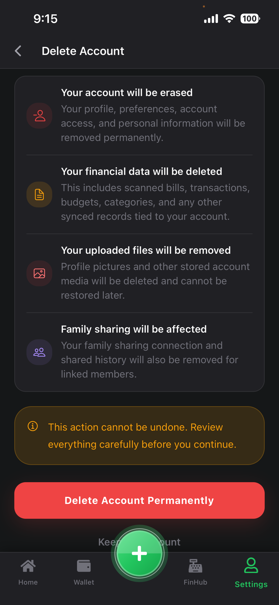BudgetOS delete account screen showing data that will be removed