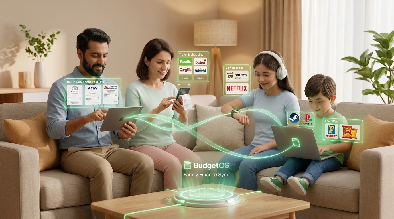 Family members logging different transactions on their devices, all in sync