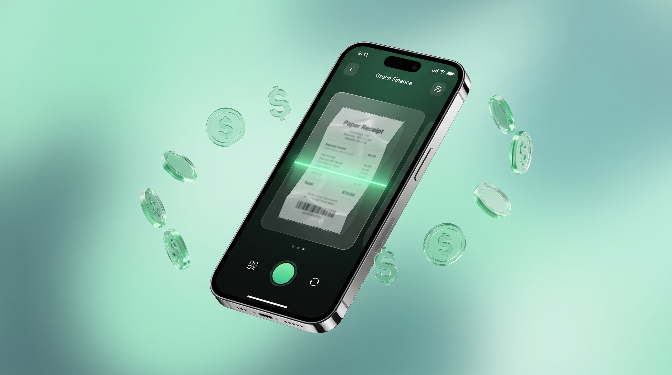 Phone scanning a paper bill with green scanner beam