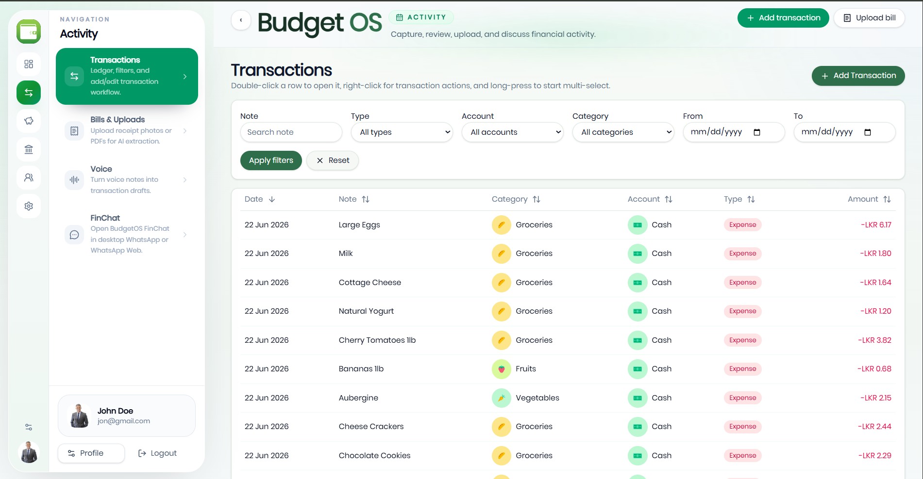 BudgetOS web app screenshot
