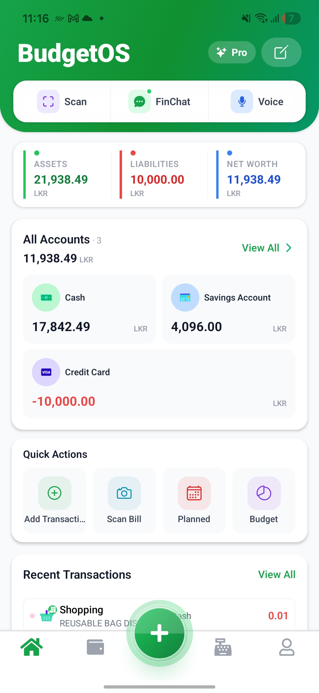 BudgetOS home screen